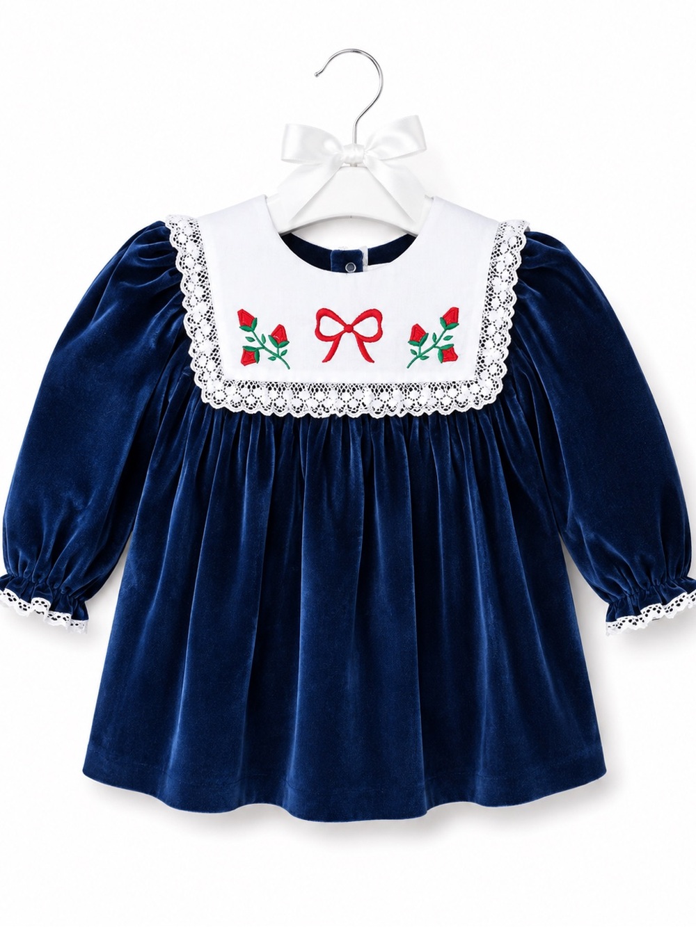 Vintage Navy Velvet Christmas Dress Embroidered Roses Lace Heirloom Holiday